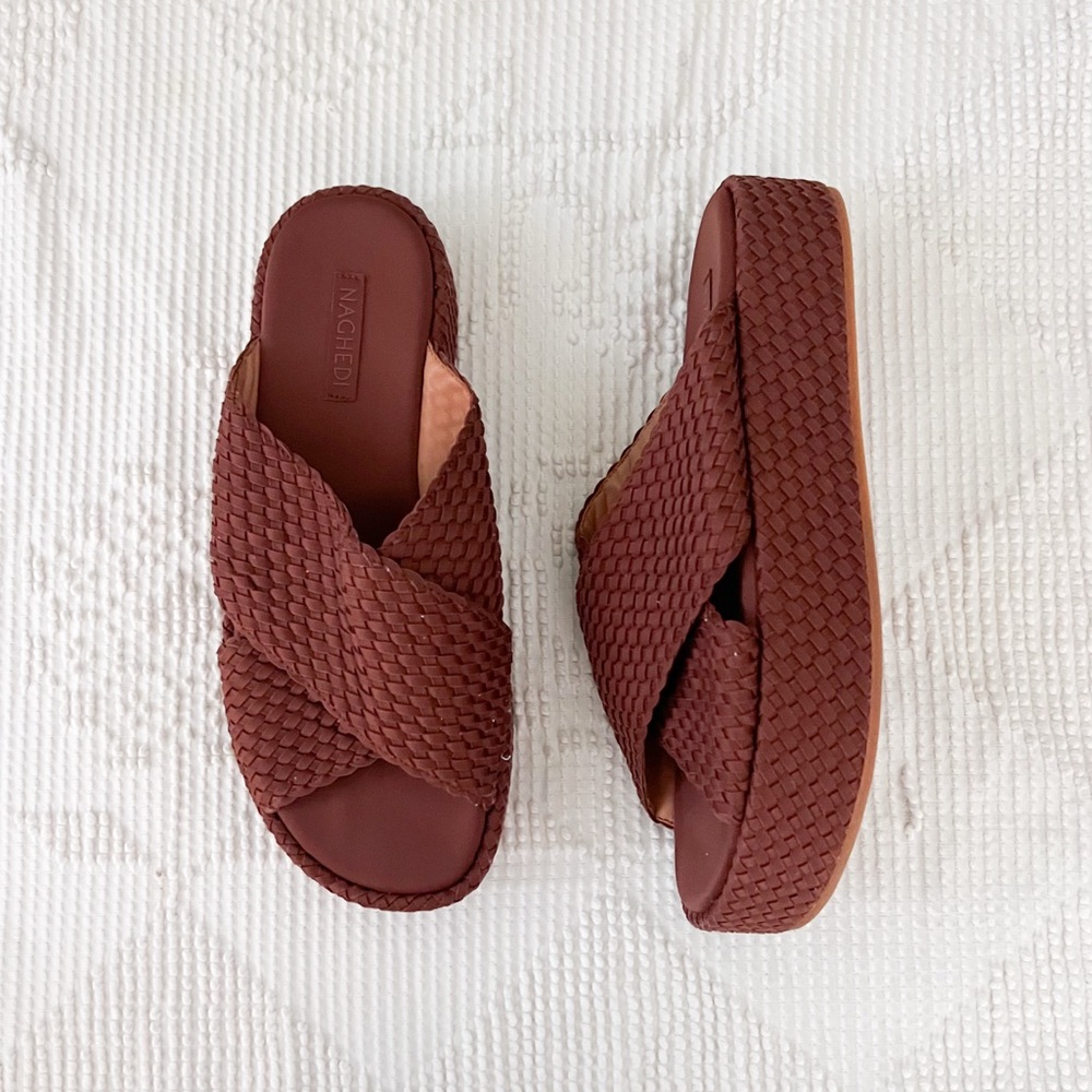 Naghedi Platform Laguna Caramel Slide Sandals Woven neoprene 40